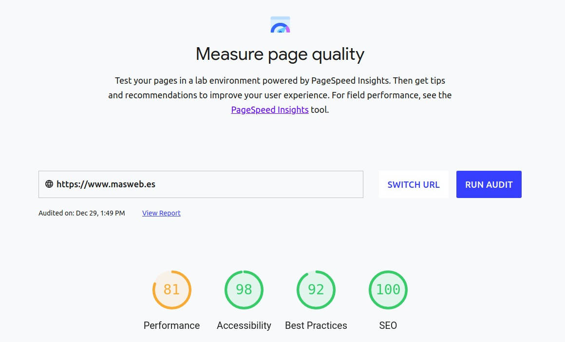 Test Web vitals de google de masweb.es con puntuación elevada